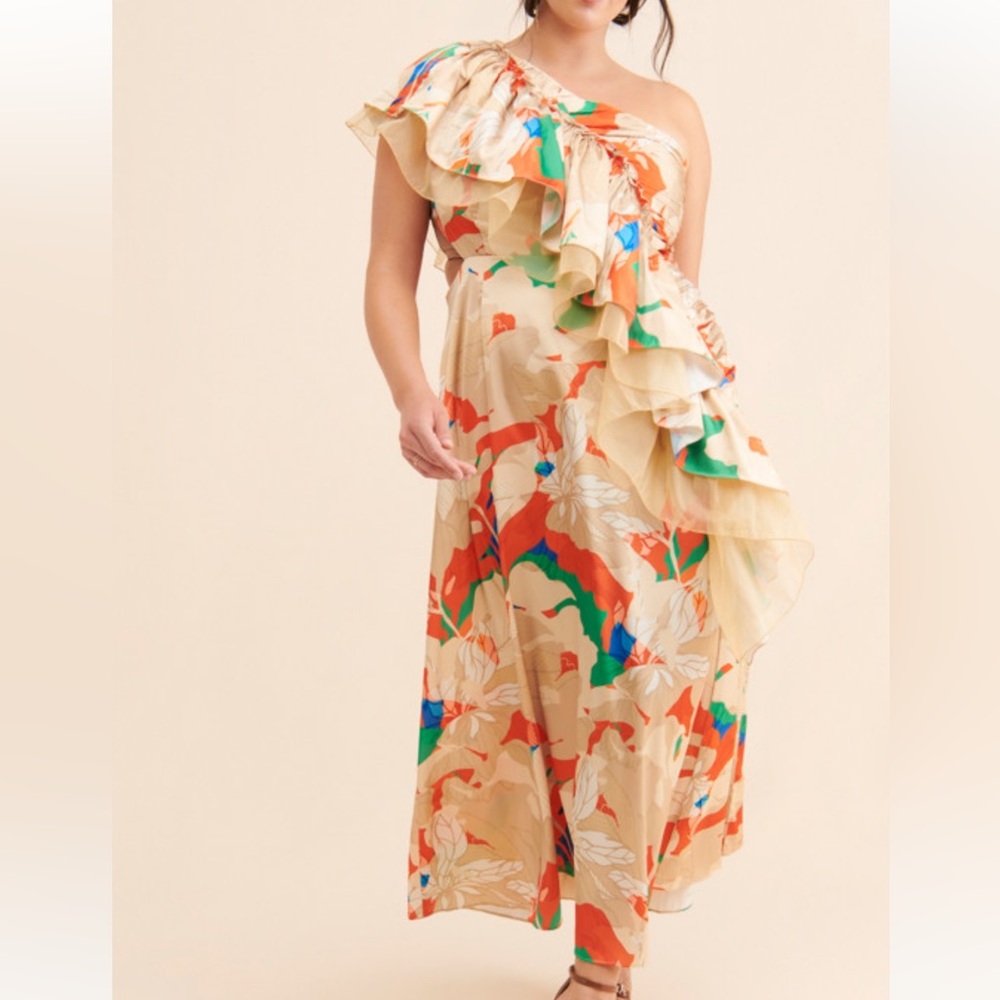 Anthropologie x Mandira Wirk Ruffled One-Shoulder Floral Dress